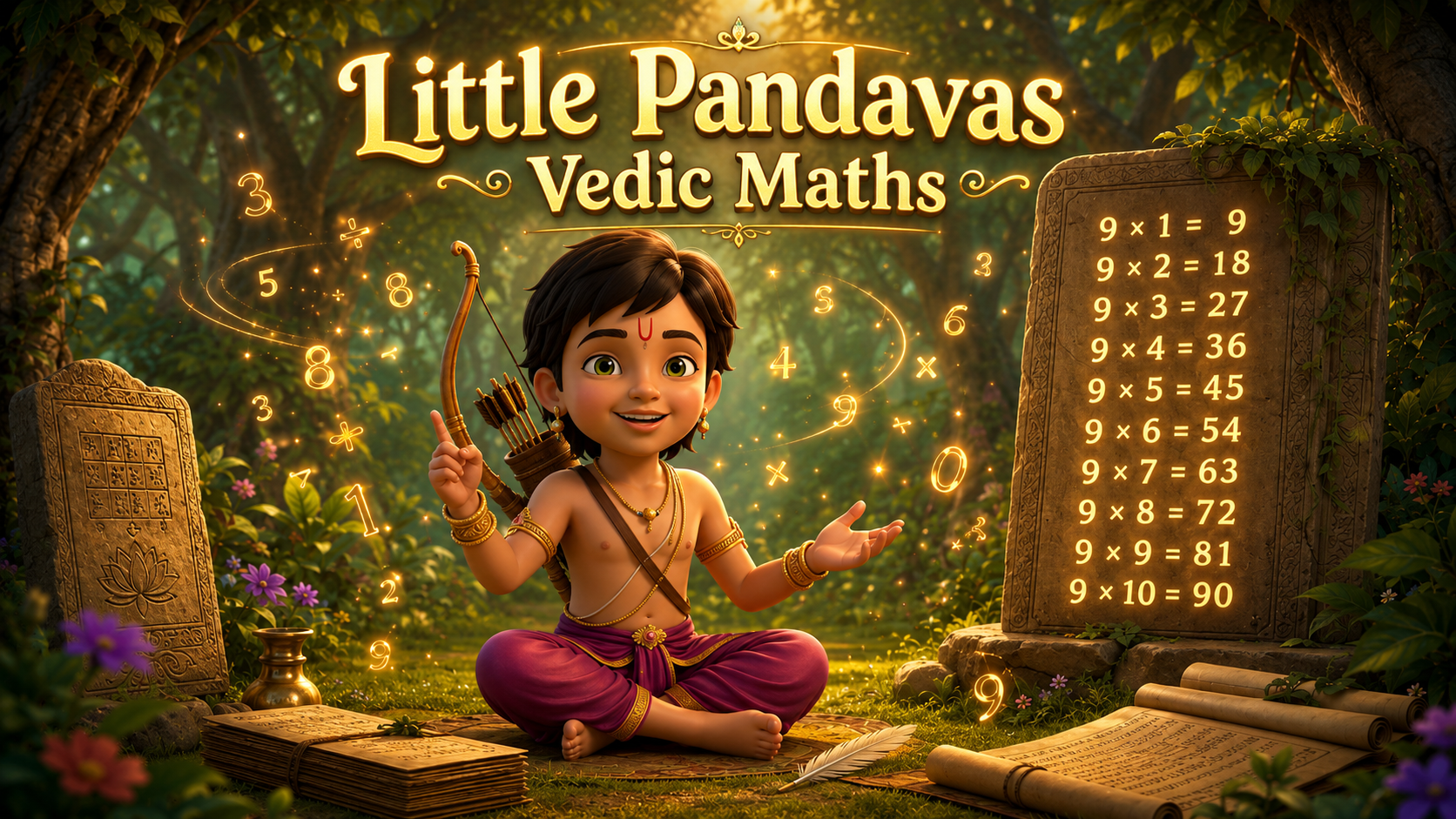 Little Pandavas Vedic Maths — Arjun in a forest ashram with the nine times table on a stone tablet
